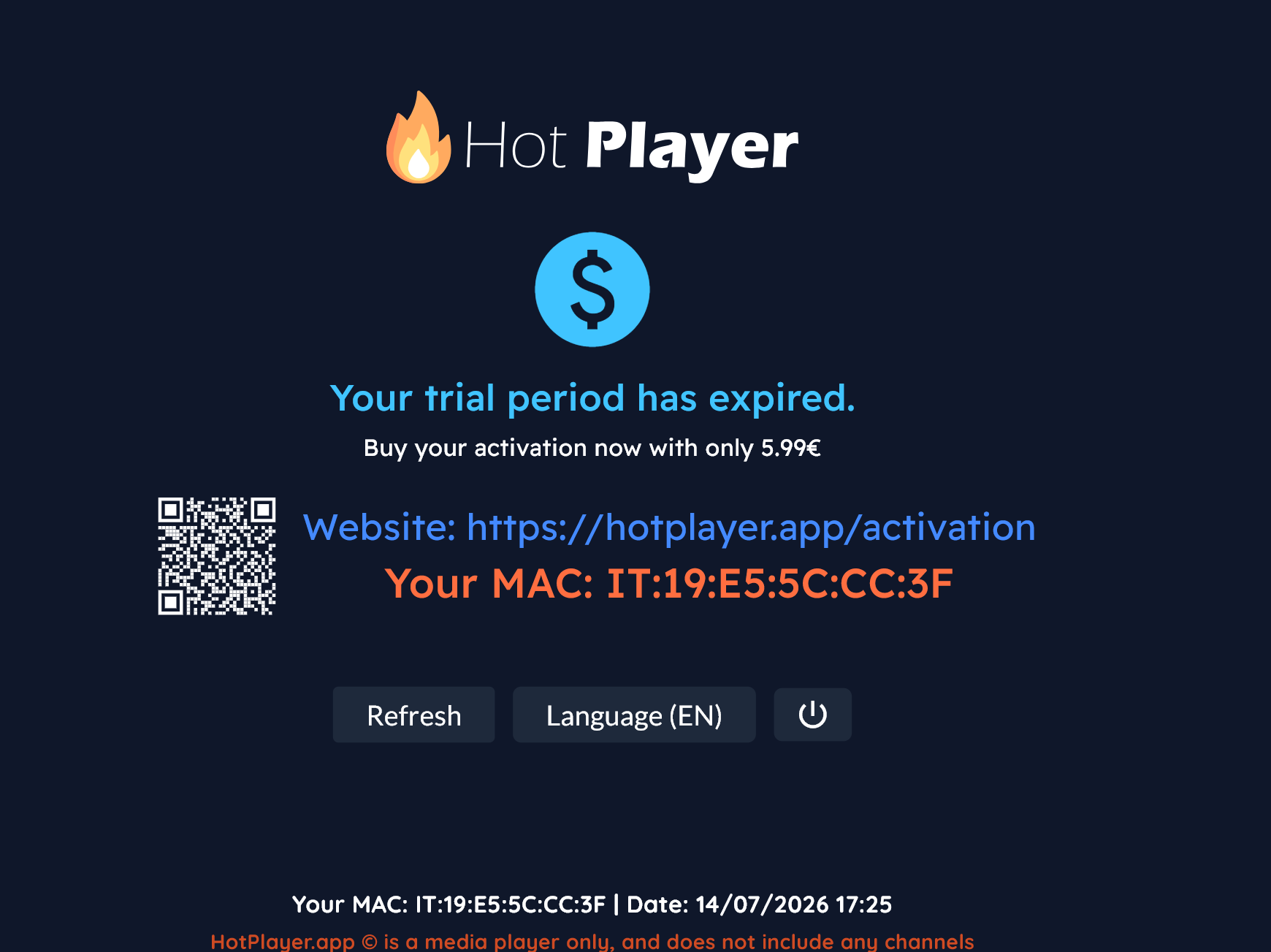 Skjermbilde av Hot Player aktiveringsside som viser MAC-adressen øverst på skjermen