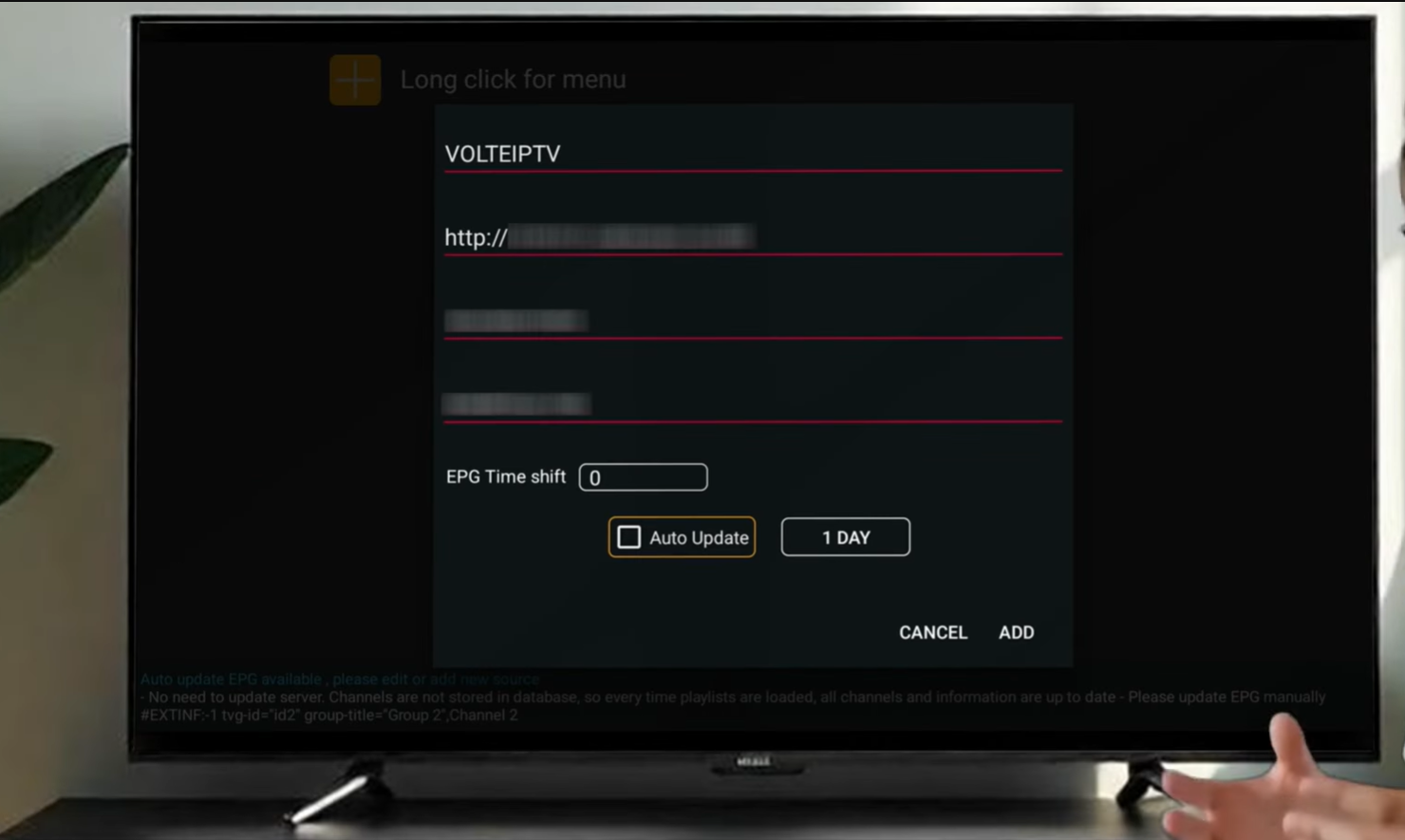 Skjema for å legge til Xtream Codes i GSE Smart IPTV med felter for Server URL, brukernavn og passord