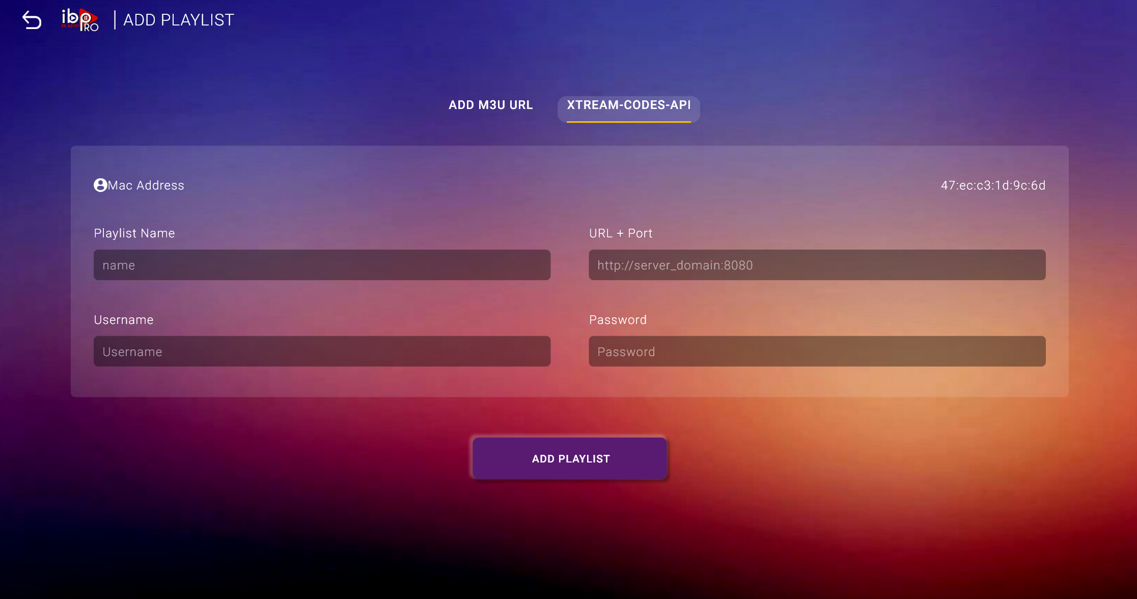 IBO Player Pro – Xtream Codes API inntastingsskjerm med felt for Server URL, brukernavn og passord