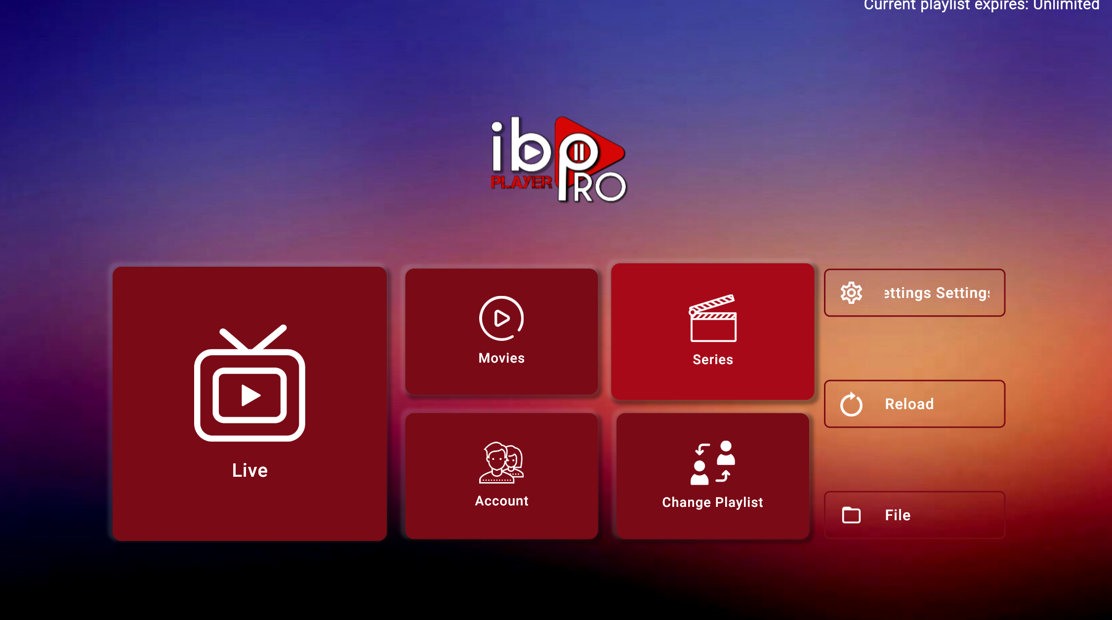 IBO Player Pro hjemskjerm med Change Playlist og Add Playlist alternativer for å legge til IPTV-spilleliste
