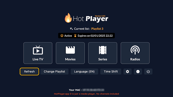 HOT Player som viser kanaler, filmer og serier etter vellykket opplasting