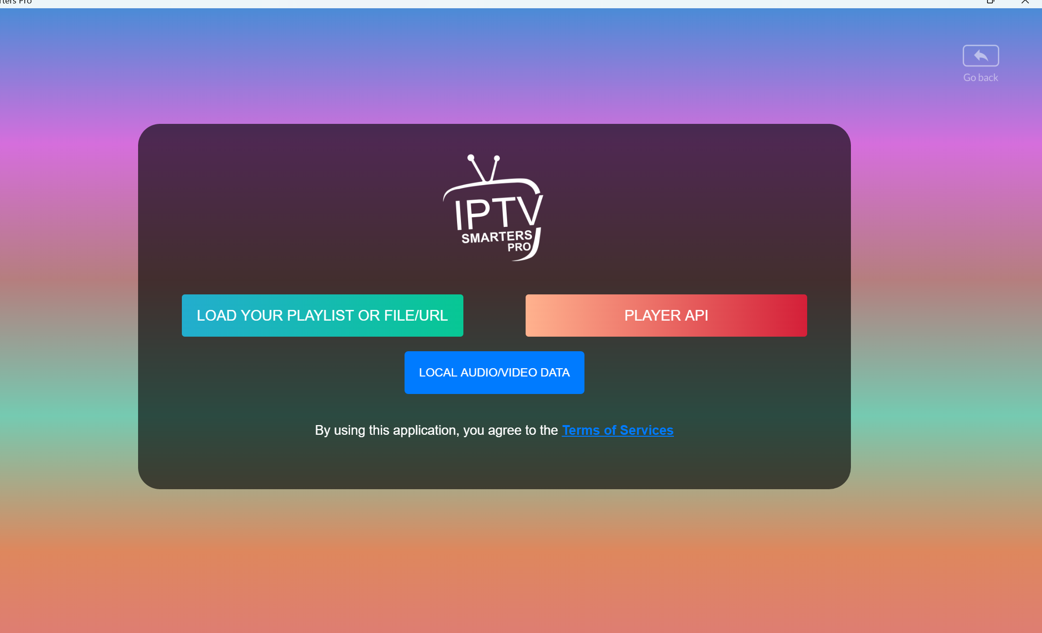 Startskjermen i IPTV Smarters Pro som viser valg mellom Xtream Codes API og M3U URL