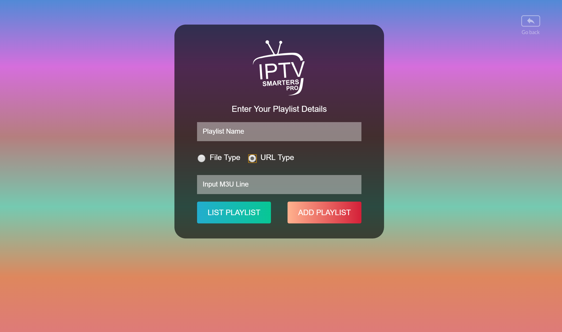 Skjema for å legge til en M3U URL-spilleliste i IPTV Smarters Pro