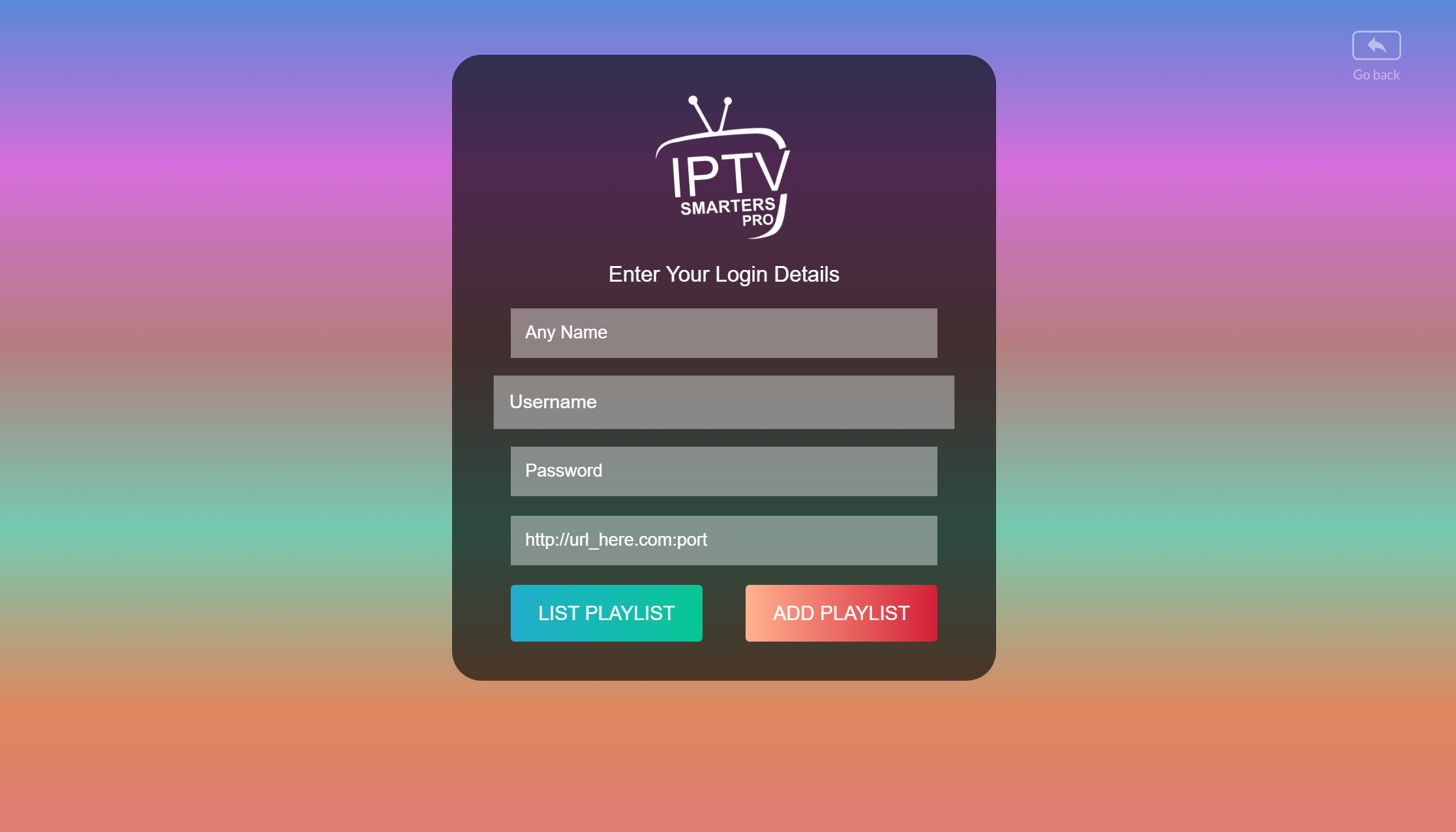 Skjema for Xtream Codes API i IPTV Smarters Pro med felter for brukernavn, passord og Server URL