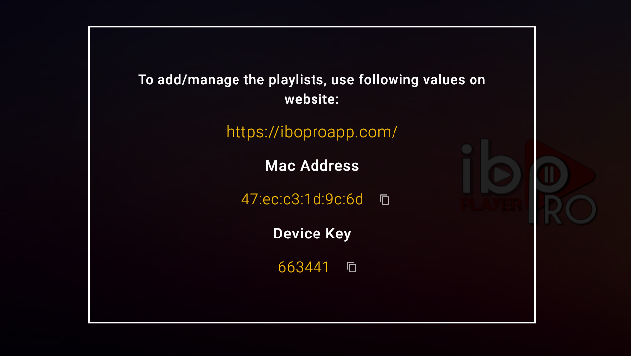 IBO Player Pro startskjerm som viser Device ID og Device Key
