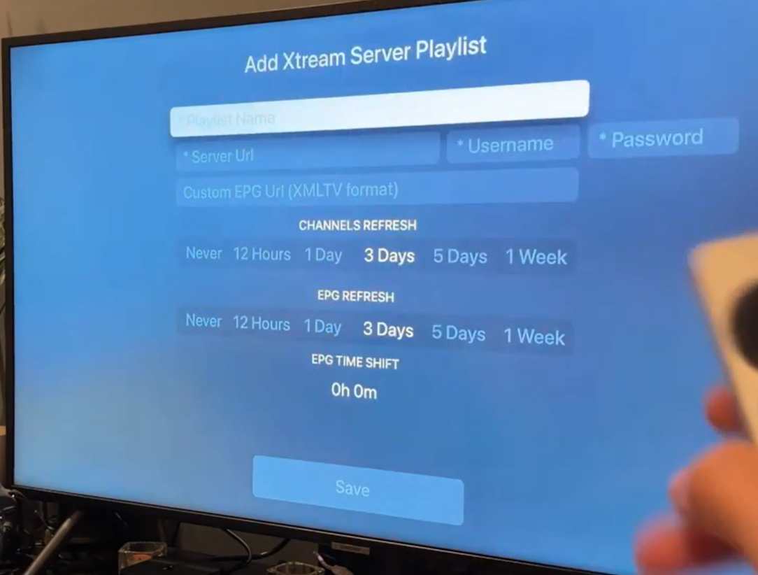 Innloggingsskjema for Xtream Server i iPlayTV med felt for Server URL, brukernavn og passord