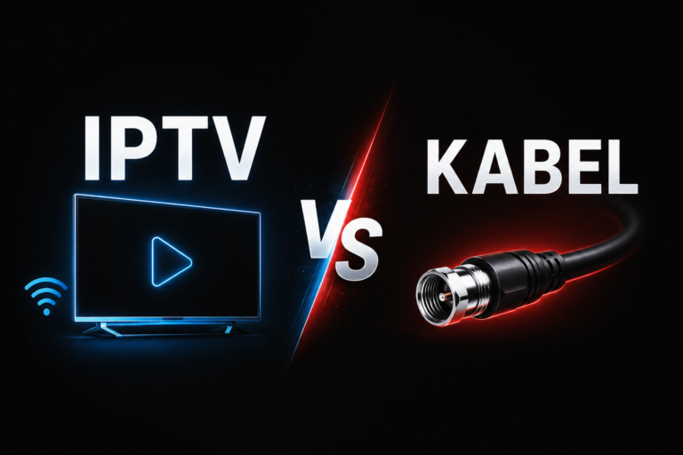 Sammenligning mellom IPTV og kabel-TV med svart bakgrunn og teksten "IPTV vs Kabel" som viser forskjellen mellom moderne IPTV og tradisjonell kabel-TV.